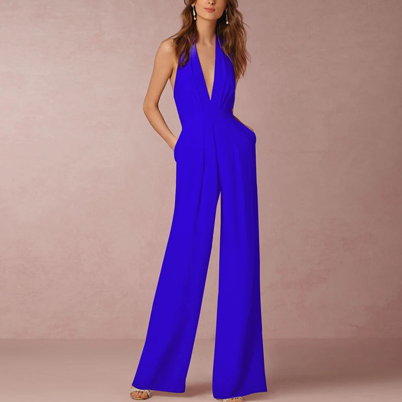 Women's Polyester Sleeveless Mid Waist Plain Elegant Jumpsuit