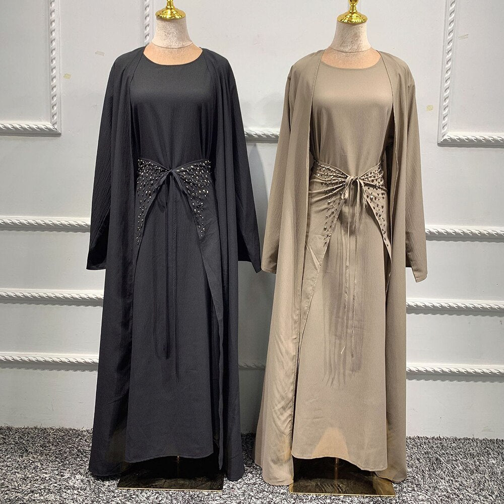 Women's Arabian O-Neck Polyester Full Sleeves Elegant Open Abaya