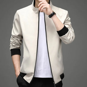 Men's Polyester Stand Collar Long Sleeves Solid Pattern Jacket