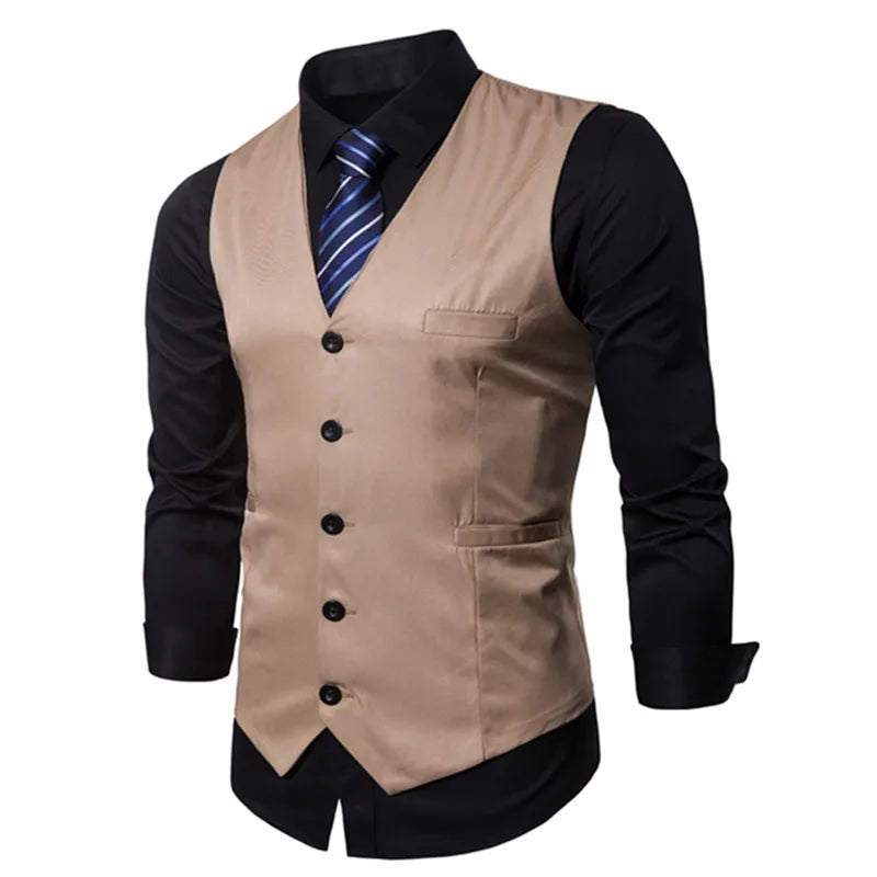 Men's Cotton V-Neck Sleeveless Plain Single Breasted Formal Vests