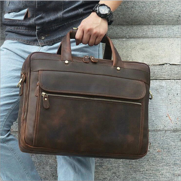 Men's Genuine Leather Solid Pattern Zipper Closure Shoulder Bag