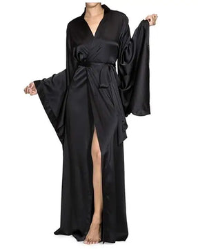 Women's Silk V-Neck Long Sleeves Solid Pattern Sleepwear Dress