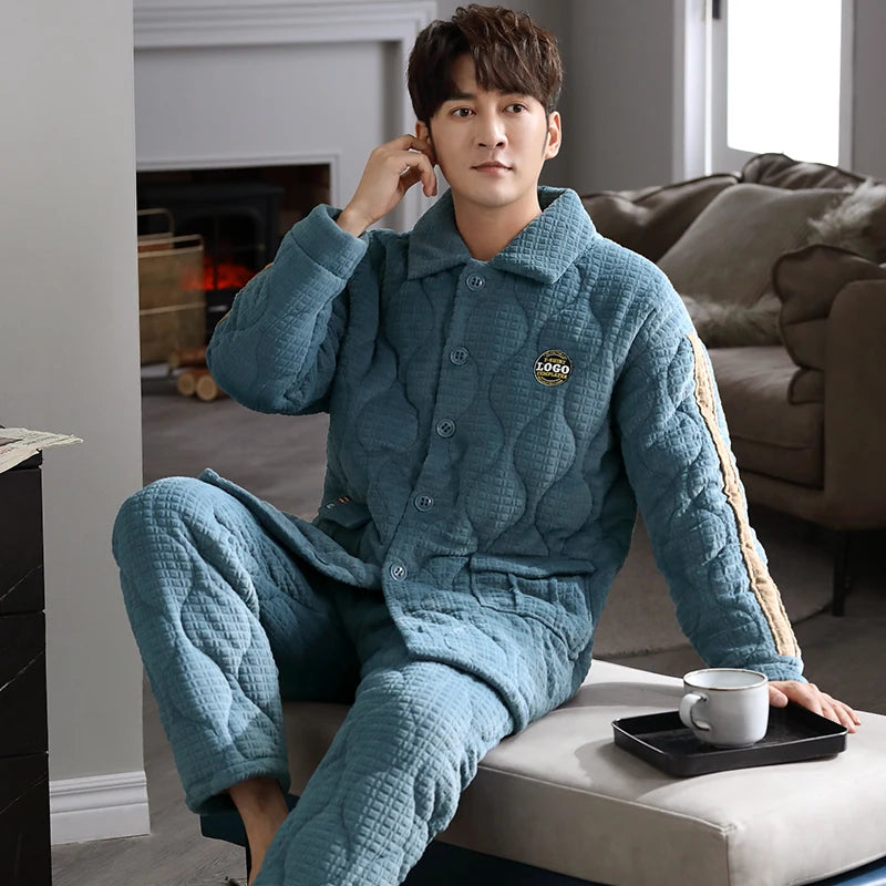 Men's Flannel Turn-Down Collar Full Sleeves Sleepwear Pajamas Set