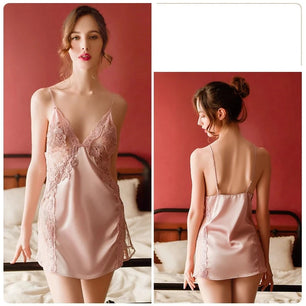 Women's Polyester V-Neck Sleeveless Patchwork Nightwear Dress