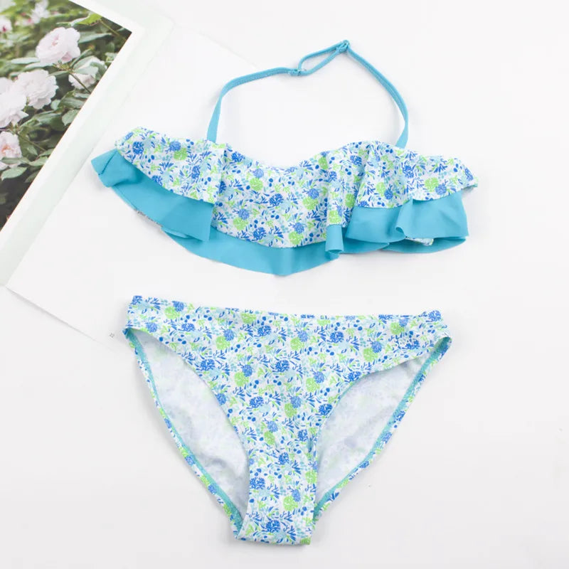 Kid's Girl Nylon Square-Neck Floral Pattern Swimwear Bikini Set