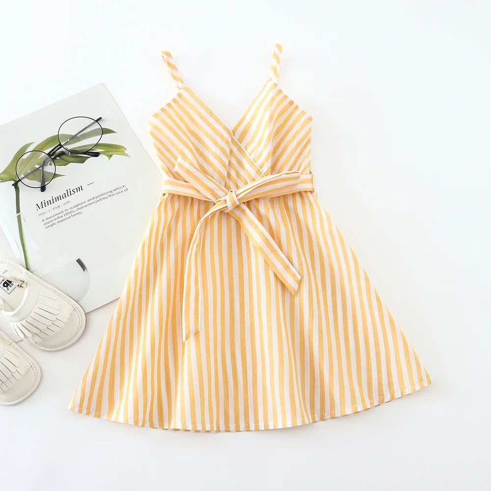 Kid Girl's V-Neck Cotton Sleeveless Striped Pattern Elegant Dress