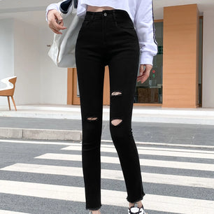 Women's Cotton High Waist Zipper Fly Closure Casual Denim Pants