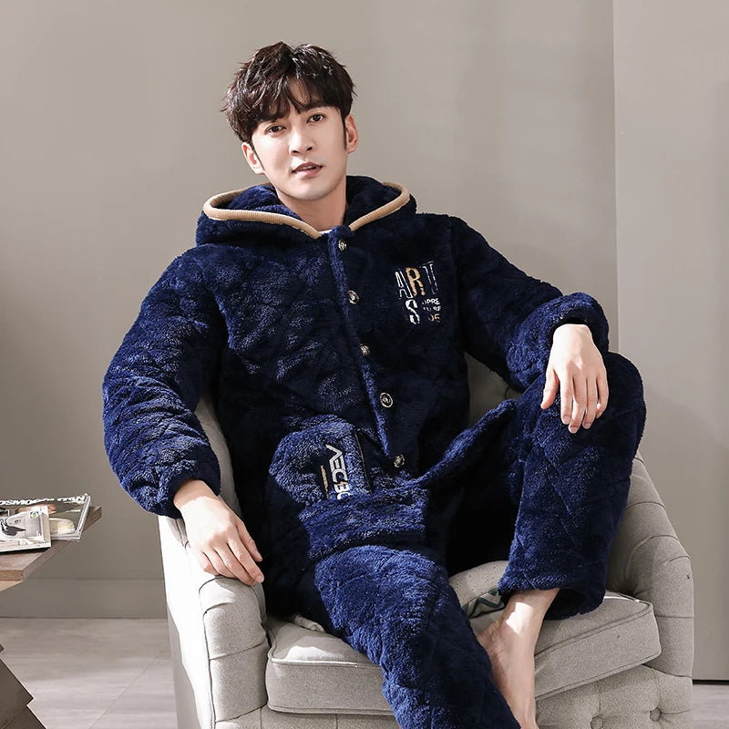 Men's Flannel Full Sleeves Hooded Thick Sleepwear Pajamas Set