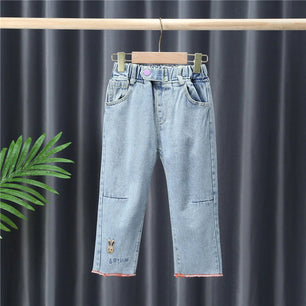 Kid's Cotton Mid Elastic Waist Closure Casual Wear Denim Pants