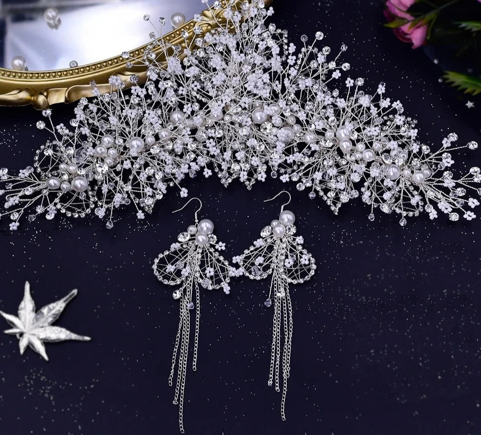 Women's Tibetan Silver Pearl Pattern Wedding Crown Jewelry Sets