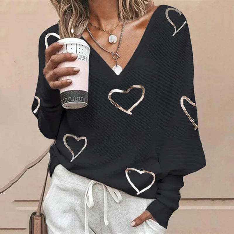 Women's V-Neck Polyester Long Sleeve Heart Pullover Blouses