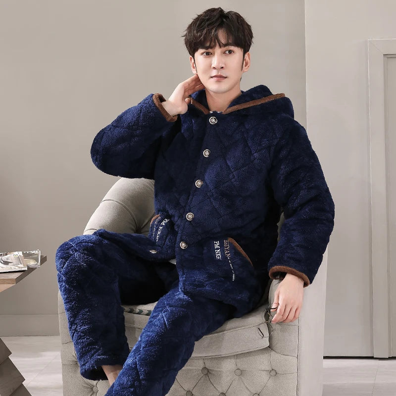 Men's Flannel Full Sleeves Hooded Trendy Sleepwear Pajamas Set