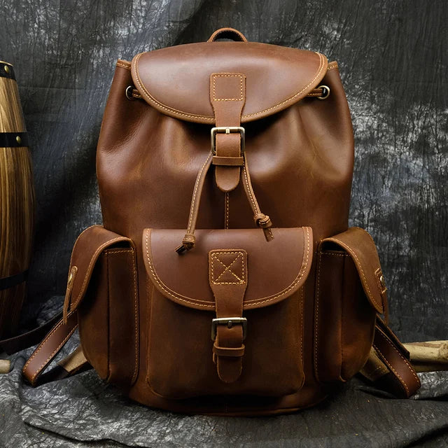 Men's Genuine Leather String Closure Solid Pattern Backpack