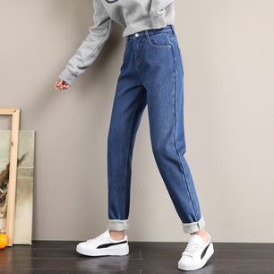 Women's Cotton High Waist Ankle-Length Denim Zipper Casual Pants