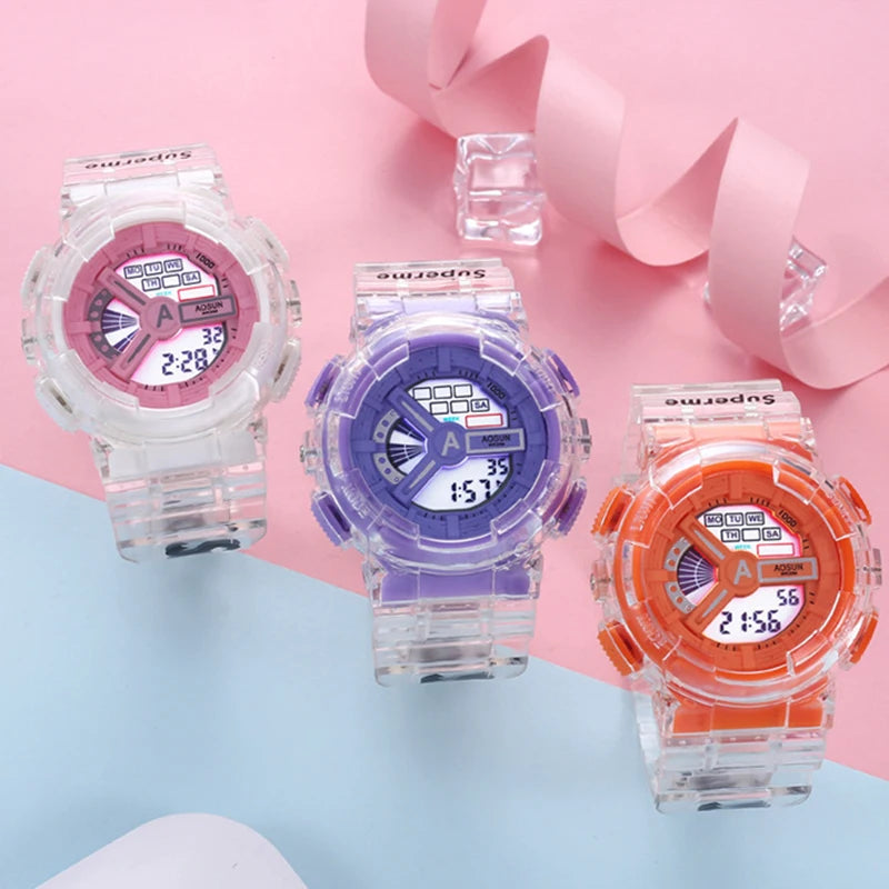 Kid's Acrylic Frame Round Shaped Waterproof Trendy Sports Watch