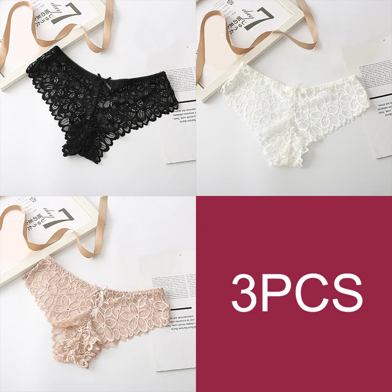 Women's 3 Pcs Spandex Low Waist Breathable Lace Pattern Panties