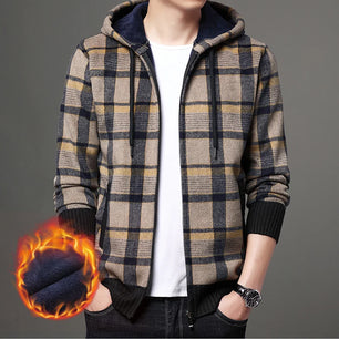 Men's Polyester Full Sleeves Zipper Closure Hooded Plaid Jacket