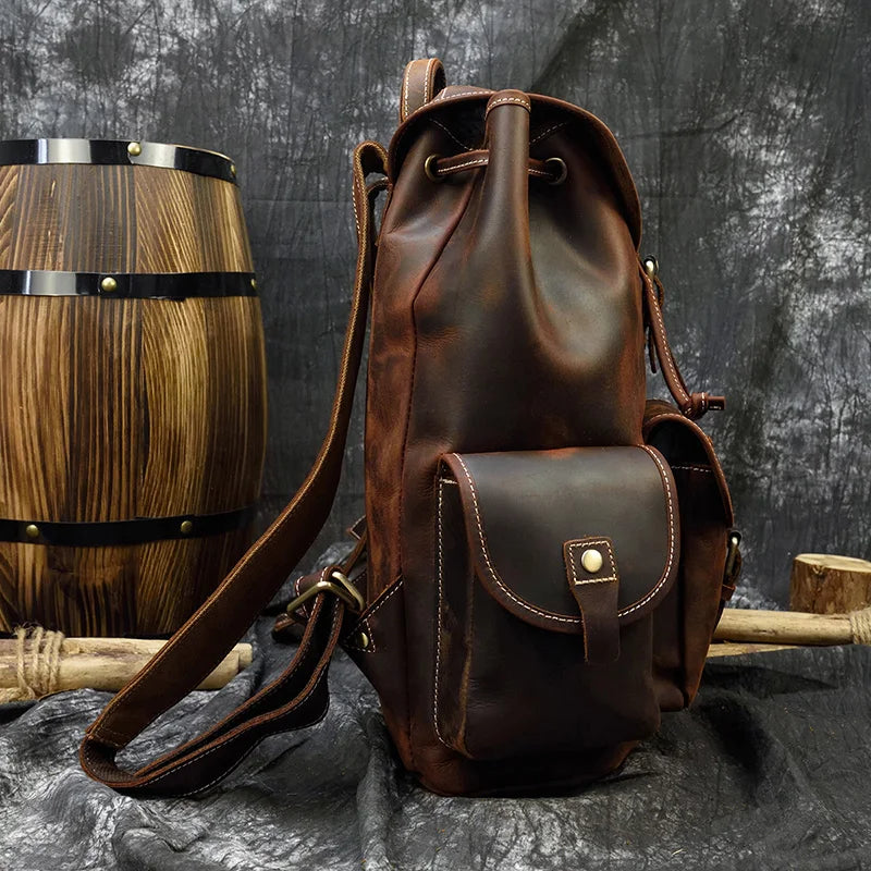 Men's Genuine Leather String Closure Solid Pattern Backpack