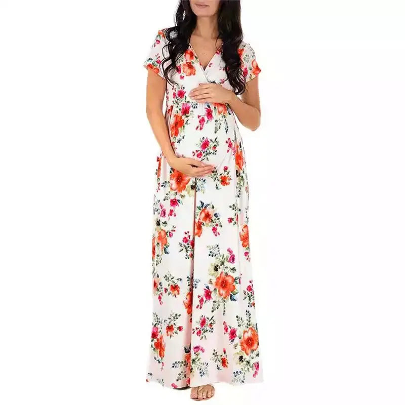 Women’s Polyester V-Neck Short Sleeves Floral Maternity Dress