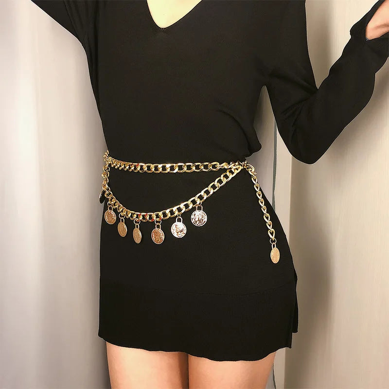 Women's Metal Buckle Closure Solid Pattern Link Chain Belts