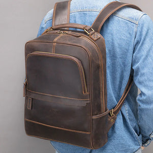 Men's Genuine Leather Zipper Closure Solid Pattern Backpack