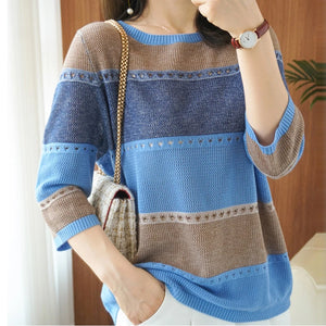 Women's Polyester O-Neck Full Sleeve Striped Vintage Sweater