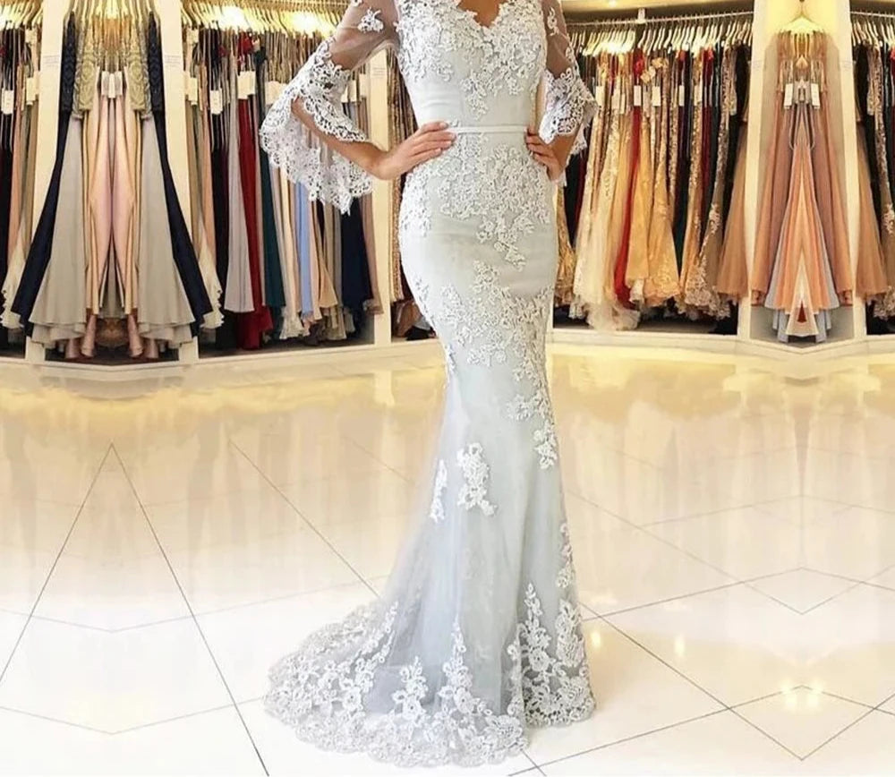 Women's Polyester V-Neck Long Sleeve Mermaid Bridal Wedding Dress