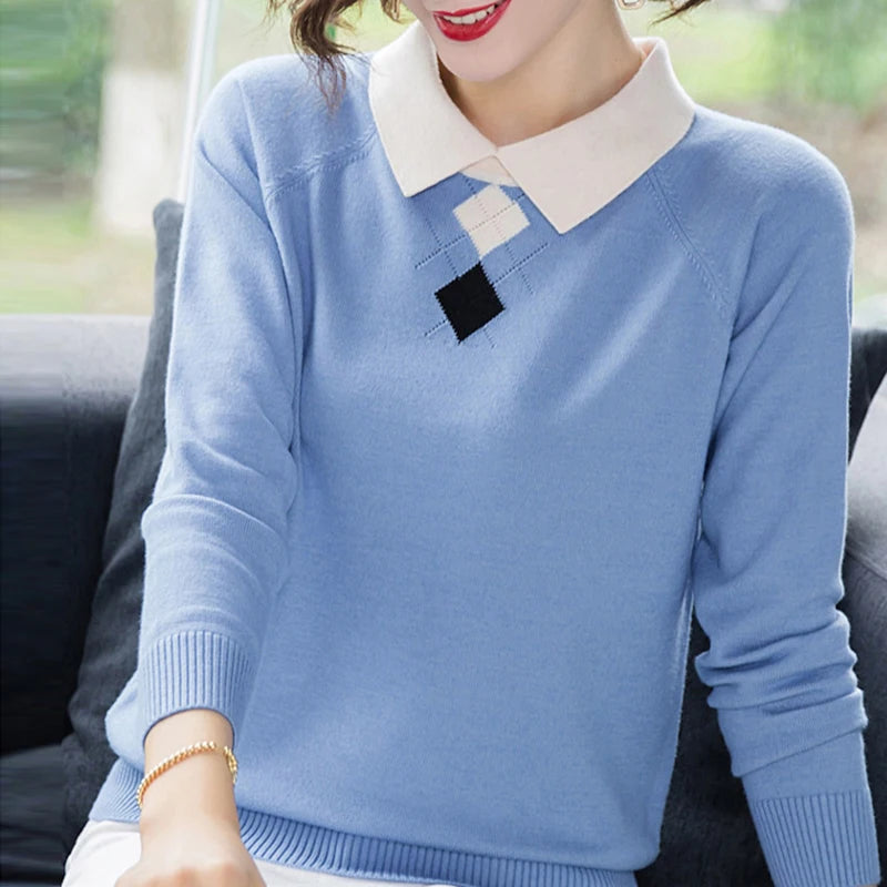 Women's Polyester Turn-Down Collar Long Sleeves Casual Sweater