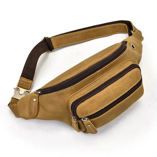 Men's Genuine Leather Solid Pattern Zipper Closure Waist Pack