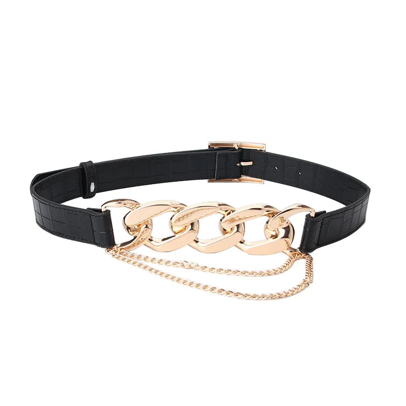 Women's Metal Buckle Closure Solid Pattern Link Chain Belts