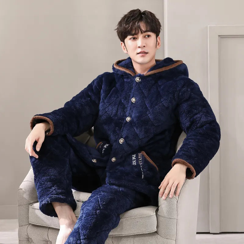 Men's Flannel Full Sleeves Hooded Trendy Sleepwear Pajamas Set