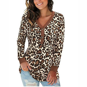 Women's Polyester V-Neck Long Sleeve Leopard Pattern Casual Tops