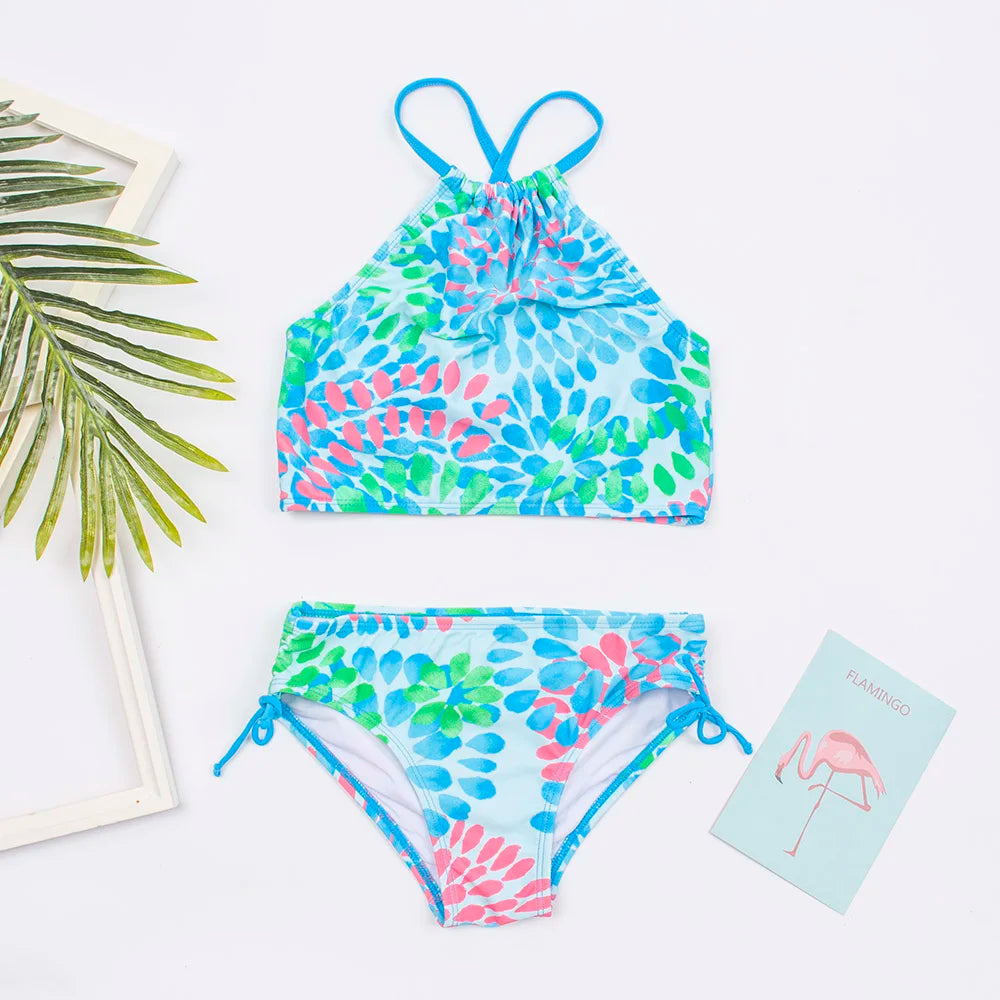 Kid's Spandex Printed Pattern Two-Piece Trendy Swimwear Suit