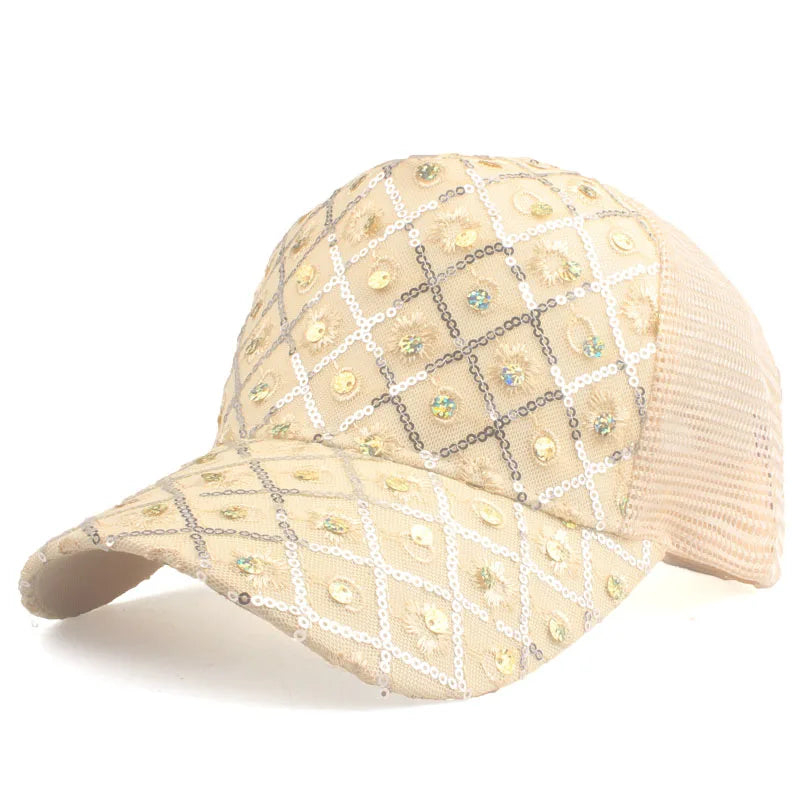 Women's Cotton Adjustable Strap Rhinestone Sun Protection Cap