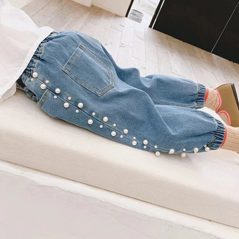 Kid's Cotton Mid Elastic Waist Closure Casual Denim Trousers