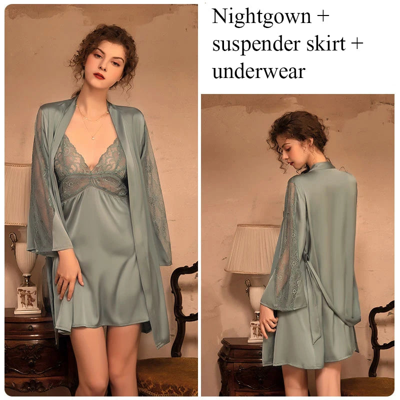 Women's Silk V-Neck Long Sleeve Patchwork Pattern Sleepwear Dress