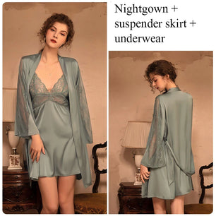 Women's Silk V-Neck Long Sleeve Patchwork Pattern Sleepwear Dress