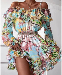 Women's Polyester Slash-Neck Long Sleeve Printed Party Dress