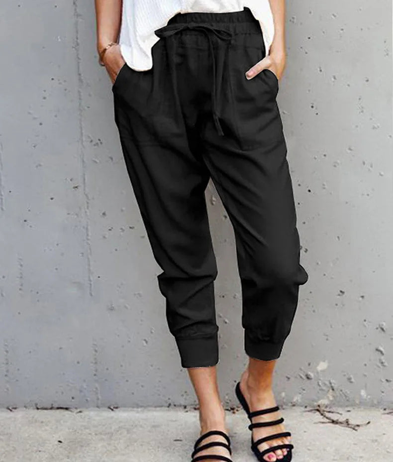 Women's Polyester Mid Waist Drawstring Closure Plain Trousers