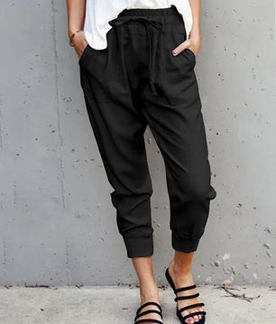 Women's Polyester Mid Waist Drawstring Closure Casual Pants