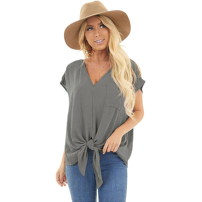 Women's Polyester V-Neck Short Sleeve Solid Pattern Casual Tops