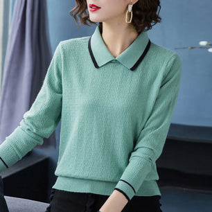 Women's Polyester Turn-Down Collar Long Sleeves Casual Sweater