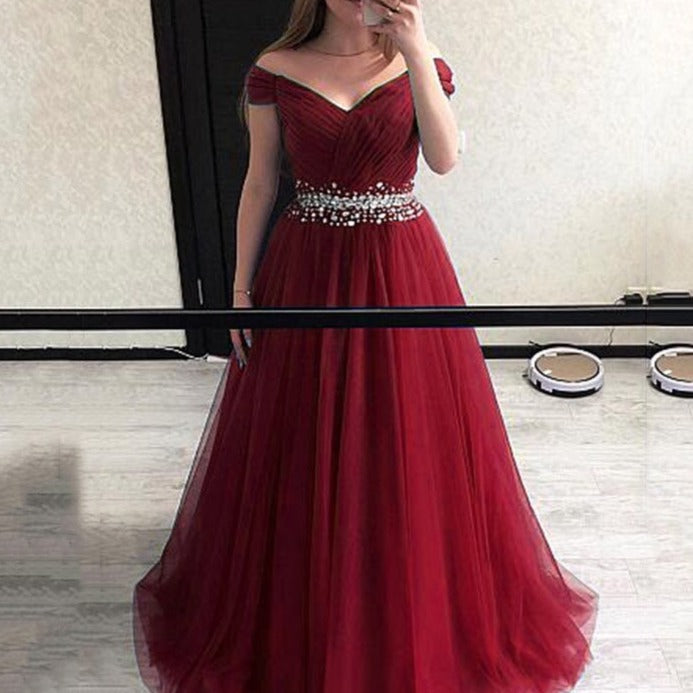 Women's Polyester Off-Shoulder Sleeveless Elegant Evening Dress