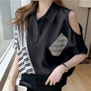 Women's Polyester Turn-Down Collar Short Sleeve Casual Wear Blouse