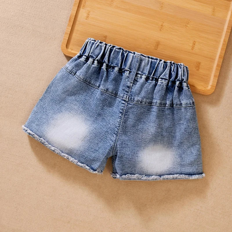 Kid's Cotton Mid Waist Elastic Closure Casual Wear Denim Shorts