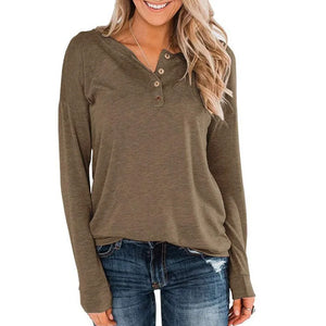 Women's Cotton V-Neck Long Sleeve Solid Pattern Casual Tops