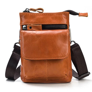 Men's Genuine Leather Solid Pattern Zipper Closure Waist Pack