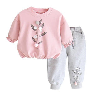 Kid's Polyester O-Neck Long Sleeve Floral Pattern Two-Piece Set