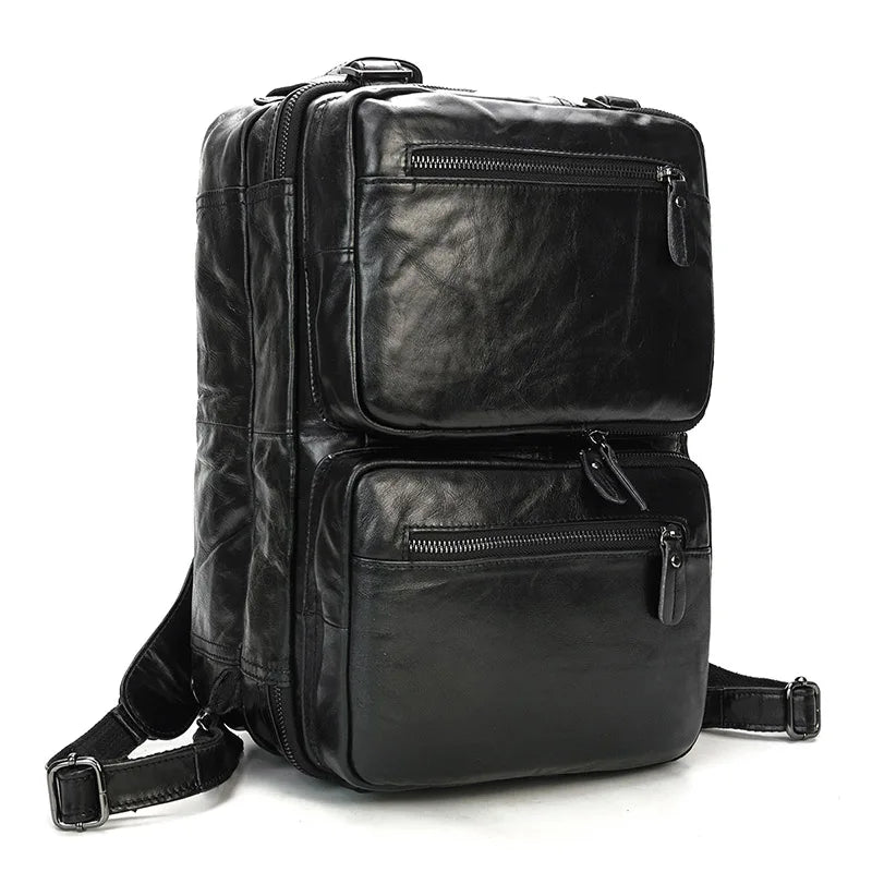 Men's Genuine Leather Solid Pattern Zipper Closure Backpack