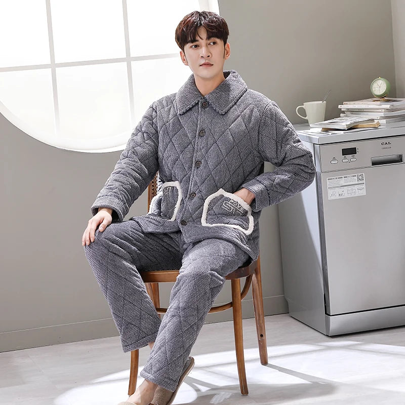 Men's Flannel Turn-Down Collar Long Sleeves Solid Pajamas Sets